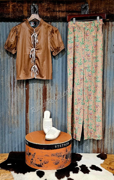 Mocha Faux Leather Tie Front Top #6226