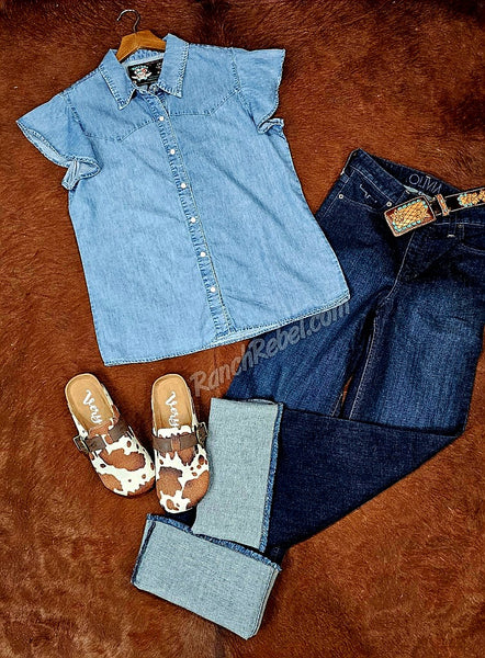 Dark Denim Frills Pearl Snap Shirt #6248