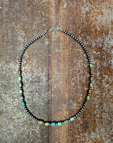 Square Turquoise & Sterling Silver Bead Necklace #6282
