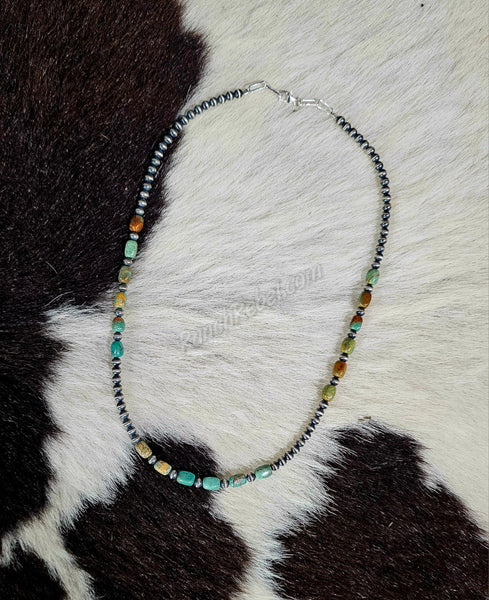 Square Turquoise & Sterling Silver Bead Necklace #6282