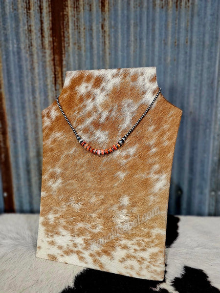 Orange Spiny & Sterling Pearl Necklace #6303