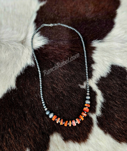 Orange Spiny & Sterling Pearl Necklace #6303