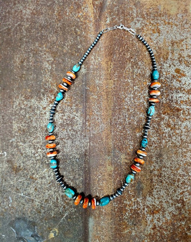 Sterling Pearl, Orange Spiny & Turquoise Necklace #6323