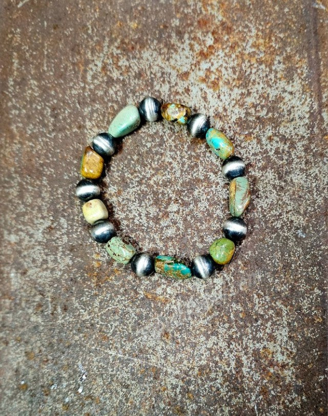 Green Turquoise & Sterling Silver Pearl Stretch Bracelet #6324