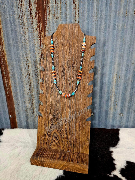 Sterling Pearl, Orange Spiny & Turquoise Necklace #6323