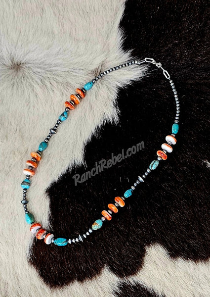 Sterling Pearl, Orange Spiny & Turquoise Necklace #6323