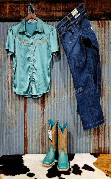 Teal Satin Arrow Pearl Snap #6213