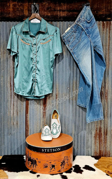 Teal Satin Arrow Pearl Snap #6213