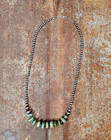 Sterling Pearl & Green Turquoise Disc Necklace #6408