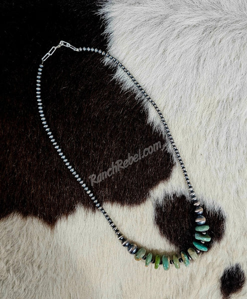 Sterling Pearl & Green Turquoise Disc Necklace #6408