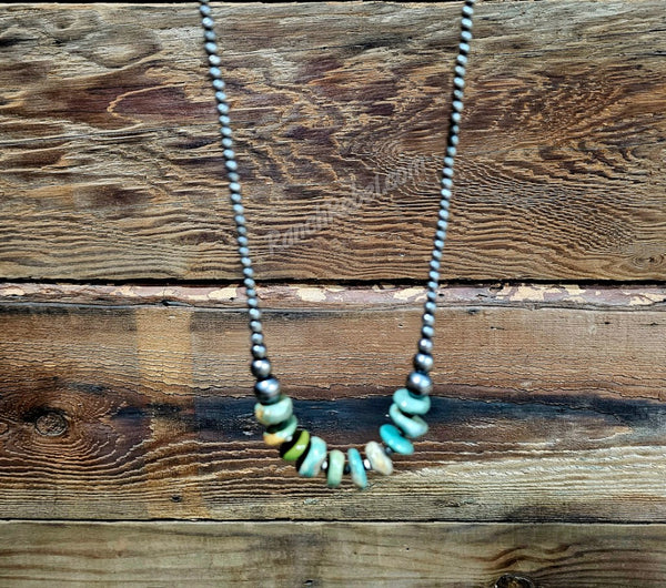 Sterling Pearl & Green Turquoise Disc Necklace #6408