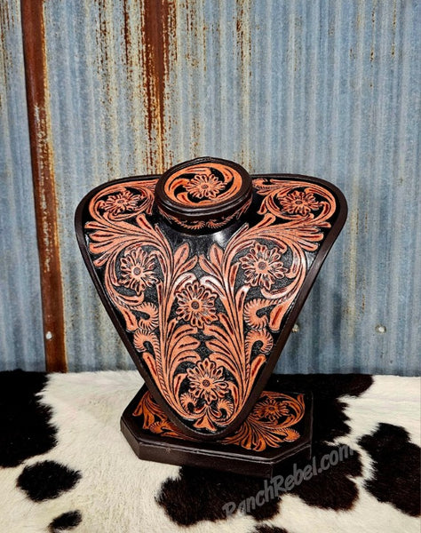 Necklace Display in Brown & Black Tooled Leather #6429