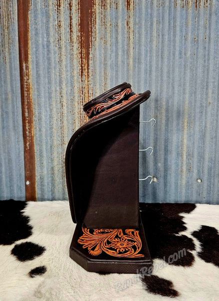 Necklace Display in Brown & Black Tooled Leather #6429