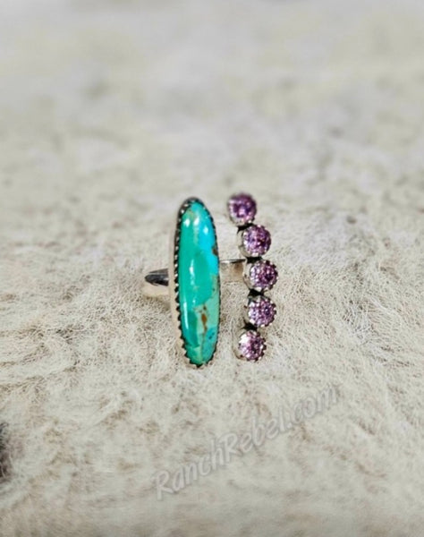 Turquoise & Pink Rhinestone Adjustable Ring #6458