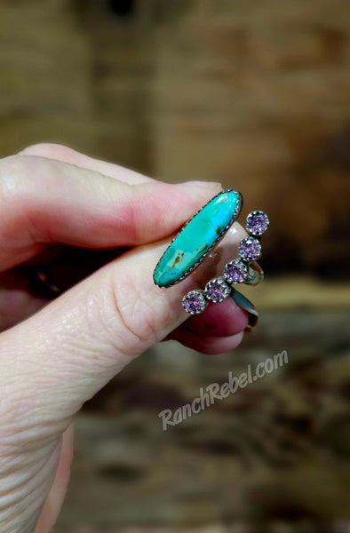Turquoise & Pink Rhinestone Adjustable Ring #6458