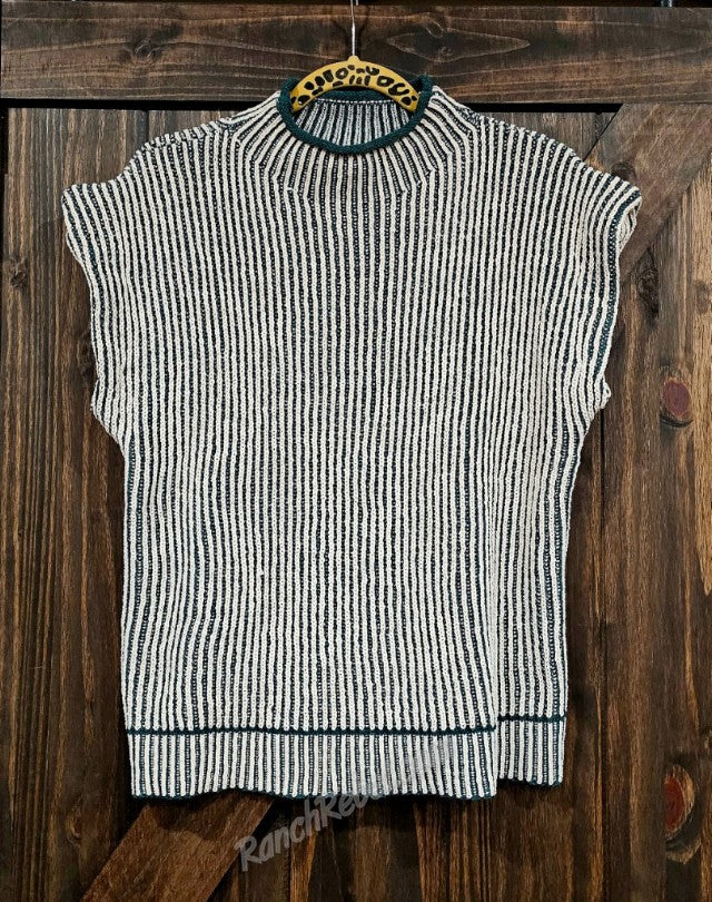 Green & Cream Stripe Sweater Vest Medium #T6549