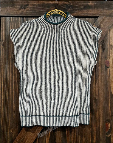 Green & Cream Stripe Sweater Vest Medium #T6549