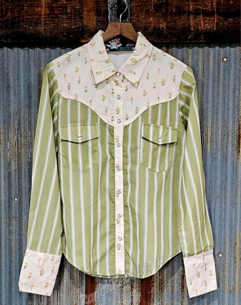 Retro Floral & Stripe Pearl Snap Shirt #6566