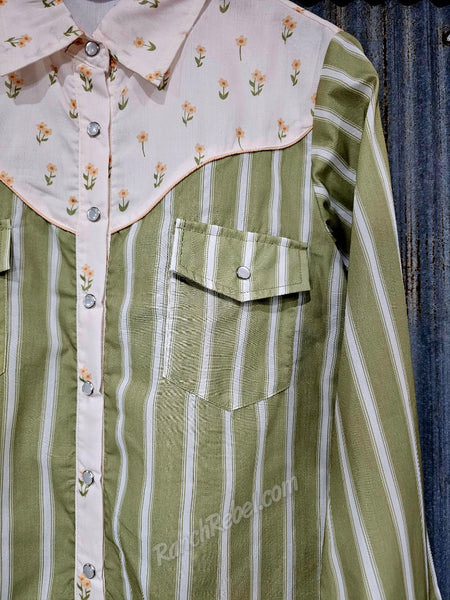 Retro Floral & Stripe Pearl Snap Shirt #6566