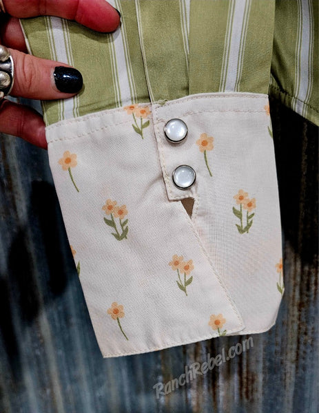 Retro Floral & Stripe Pearl Snap Shirt #6566