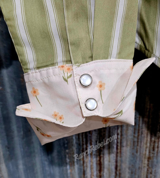 Retro Floral & Stripe Pearl Snap Shirt #6566