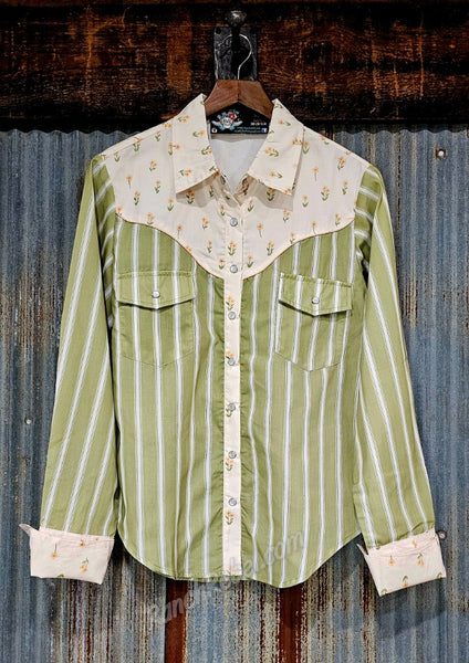 Retro Floral & Stripe Pearl Snap Shirt #6566