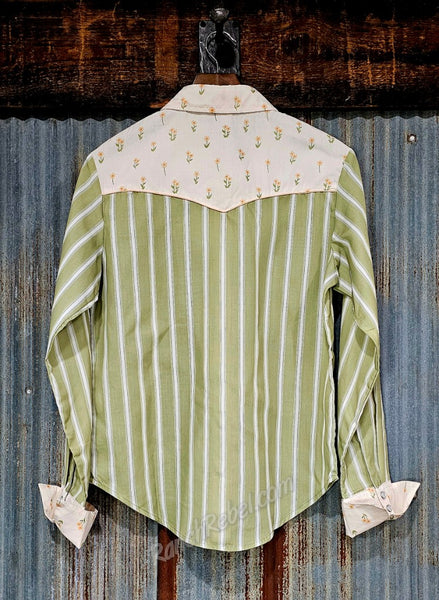 Retro Floral & Stripe Pearl Snap Shirt #6566