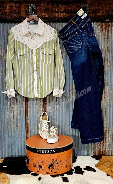 Retro Floral & Stripe Pearl Snap Shirt #6566