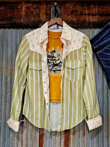 Retro Floral & Stripe Pearl Snap Shirt #6566