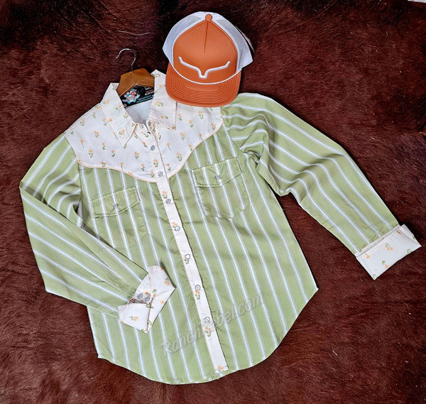 Retro Floral & Stripe Pearl Snap Shirt #6566