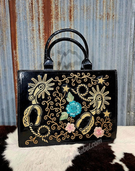 Black Patent Embroidered Spur Tote #6604
