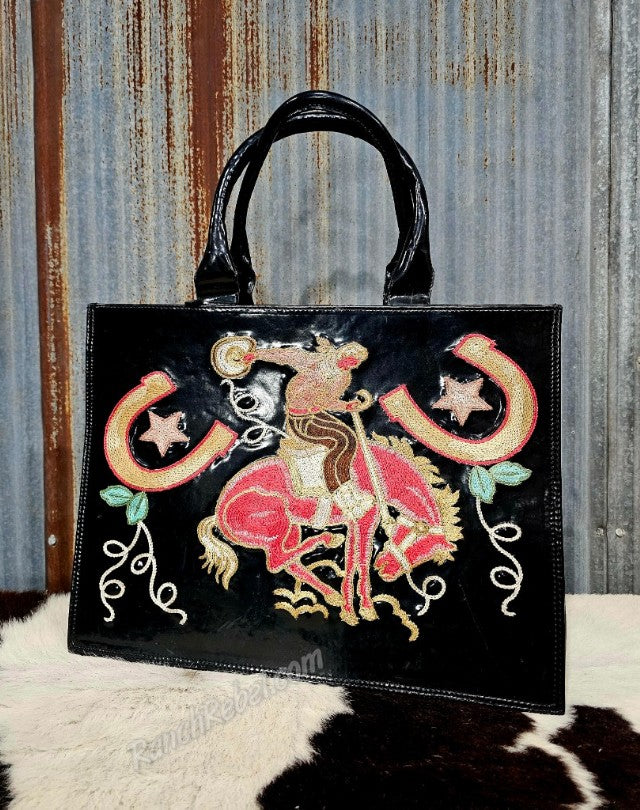 Black Patent Embroidered Rodeo Tote #6605