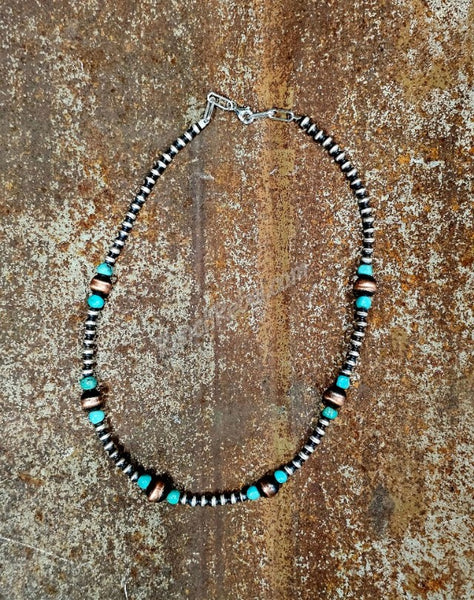Silver Pearl Copper & Turquoise Necklace #6620