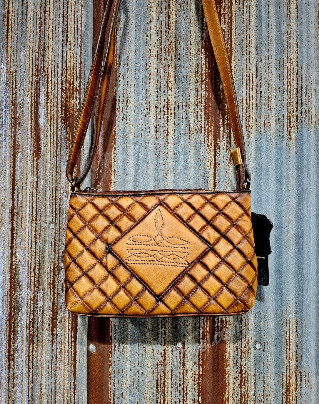 Quilted Brown Leather Bootstitch Crossbody #6624