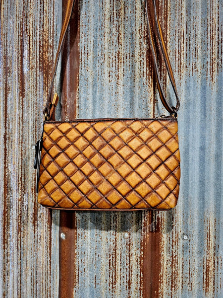 Quilted Brown Leather Bootstitch Crossbody #6624