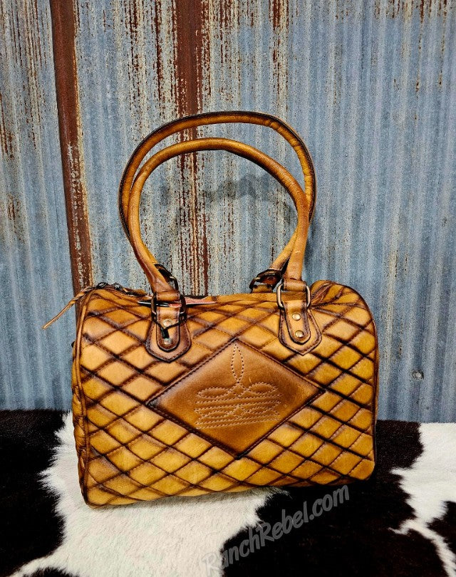 Quilted Brown Leather Bootstitch Satchel #6625