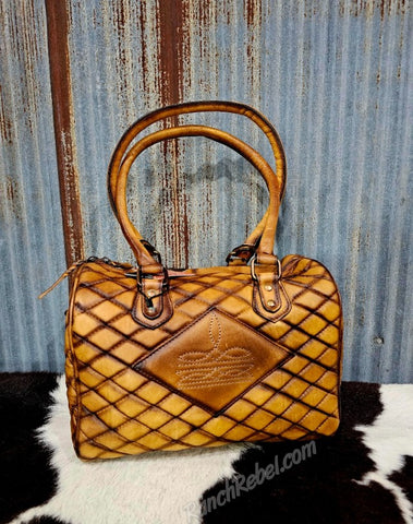 Quilted Brown Leather Bootstitch Satchel #6625