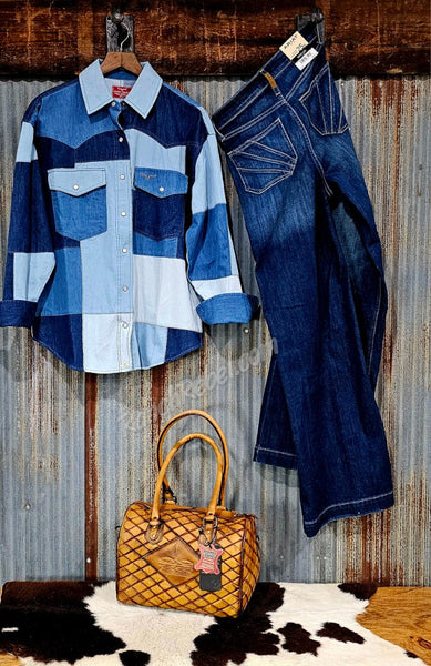 Kimes Ranch Olly Denim Patchwork Pearl Snap Shirt #6662