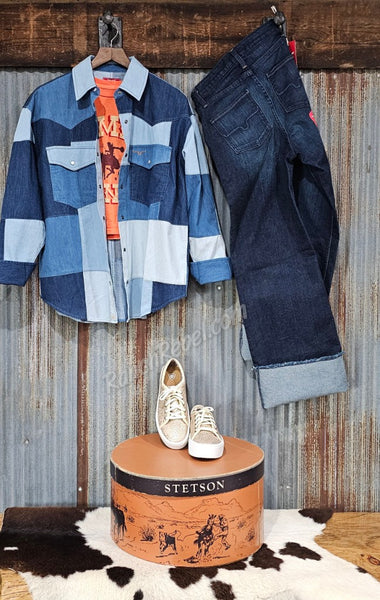 Kimes Ranch Olly Denim Patchwork Pearl Snap Shirt #6662