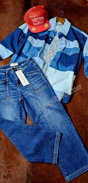 Kimes Ranch Olly Denim Patchwork Pearl Snap Shirt #6662