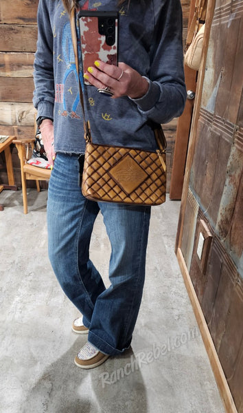 Quilted Brown Leather Bootstitch Crossbody #6624
