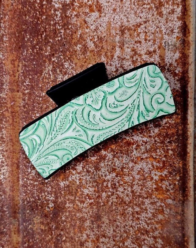Green Tooled Leather Hair Clip #6693