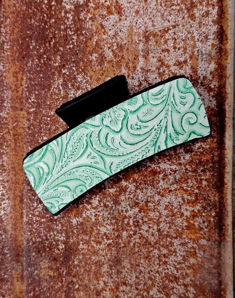 Green Tooled Leather Hair Clip #6693