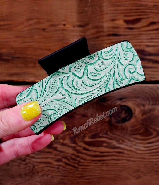Green Tooled Leather Hair Clip #6693
