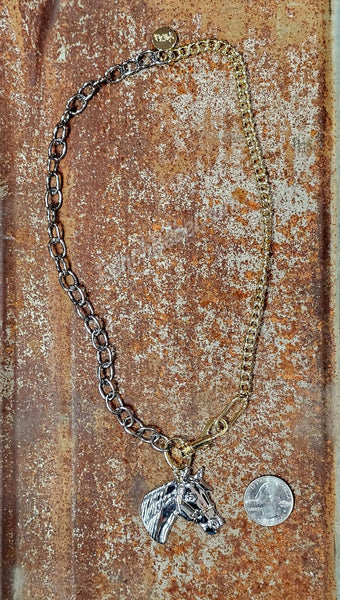 Two Tone Chain Horse Necklace #6703