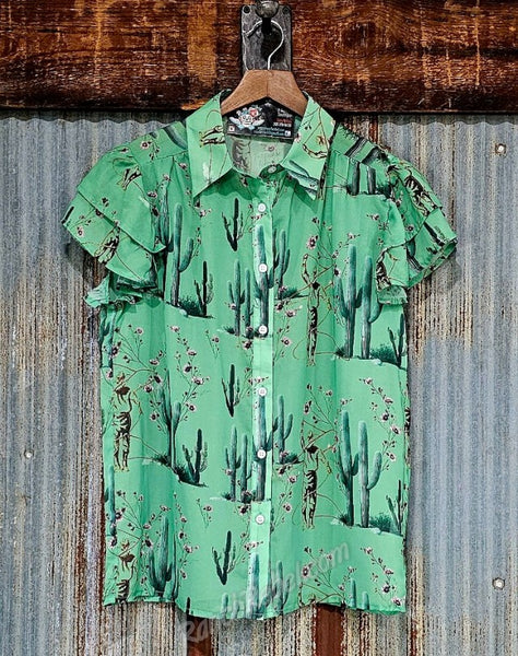 Green Cowboys & Cactus Flutter Sleeve Top #6749