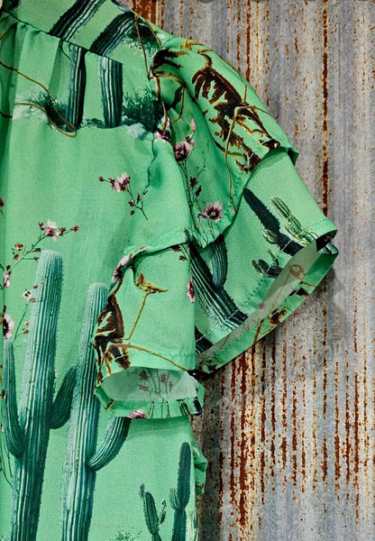 Green Cowboys & Cactus Flutter Sleeve Top #6749
