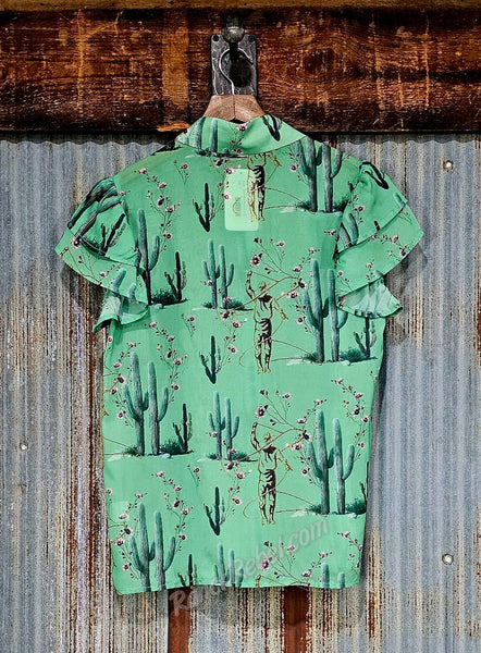 Green Cowboys & Cactus Flutter Sleeve Top #6749