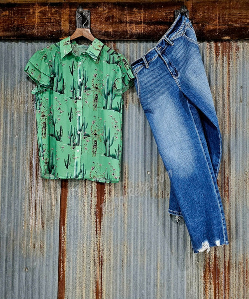 Green Cowboys & Cactus Flutter Sleeve Top #6749