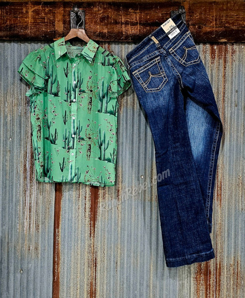 Green Cowboys & Cactus Flutter Sleeve Top #6749